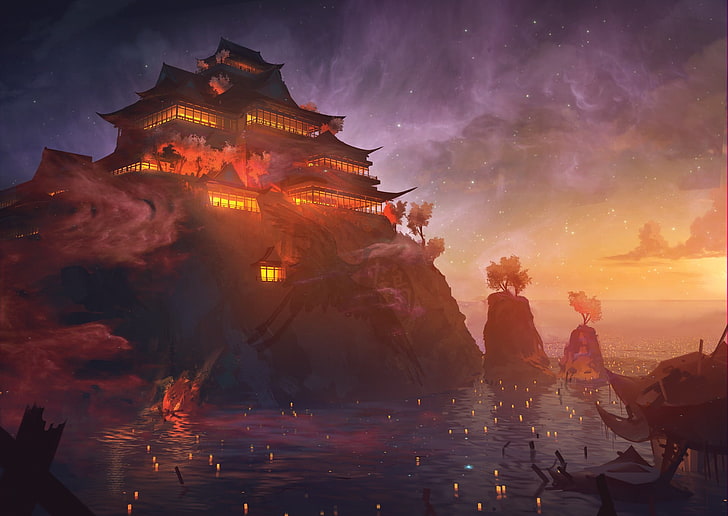 temple above body of water with candles digital wallpaper, fantasy art