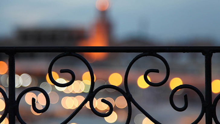 black metal wrought iron fence, bokeh, no people, close-up, focus on foreground, HD wallpaper