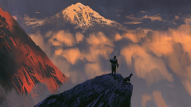 man on mountain during daytime, fantasy art, artwork, snow, cold temperature