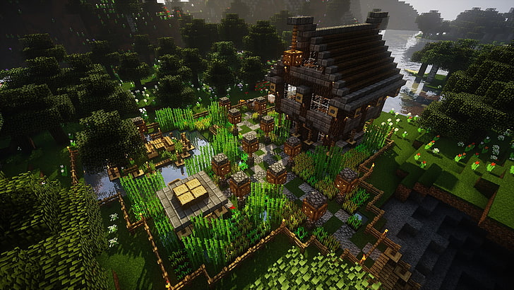 building blocks, Minecraft, video games, farm, house, forest, HD wallpaper