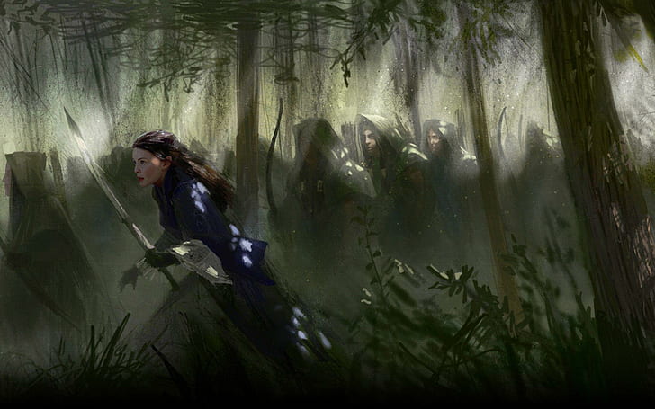 Arwen - The Lord of The Rings, painting of woman with sword in forest with army HD wallpaper