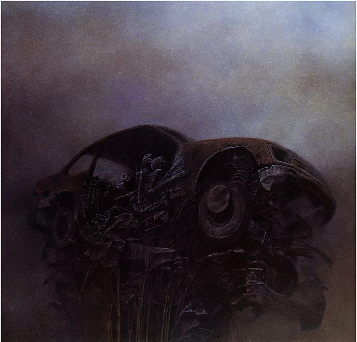 Zdzisław Beksiński, Artwork, Dark, Scary, Ruined Car, HD wallpaper