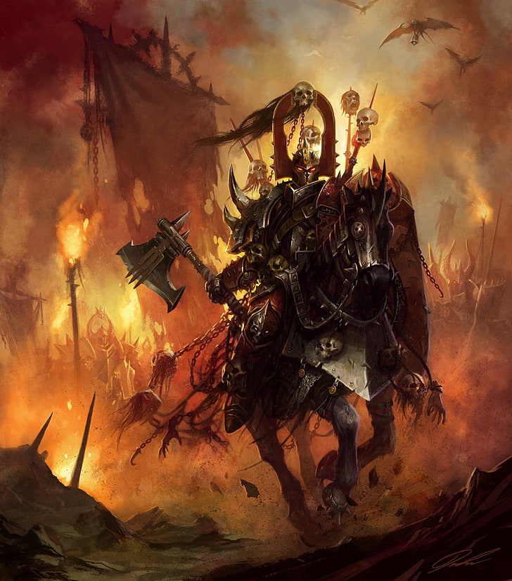 videogame screenshot, Warhammer 40,000, fantasy art, skull, burning
