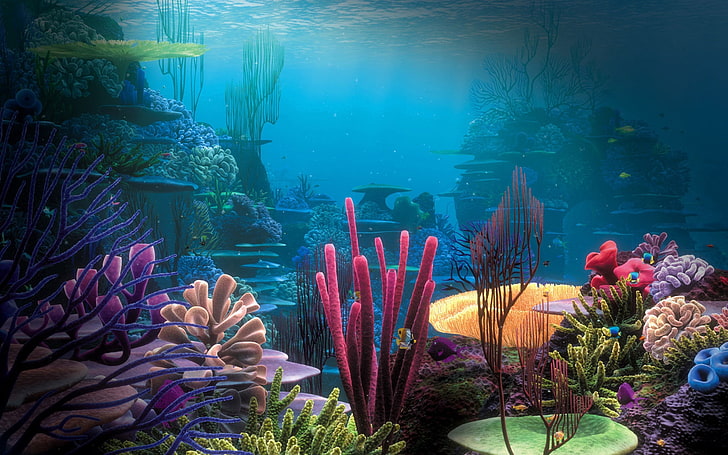 coral reef illustration, bottom, ocean, corals, multi-colored, HD wallpaper