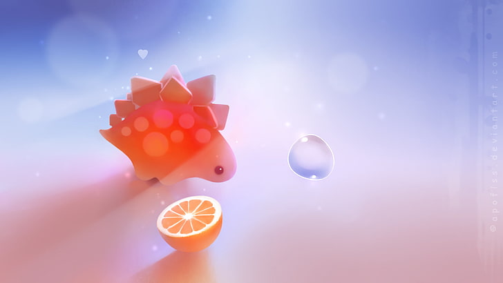 orange lemon illustration, dinosaur, bubble, heart, apofiss, celebration, HD wallpaper