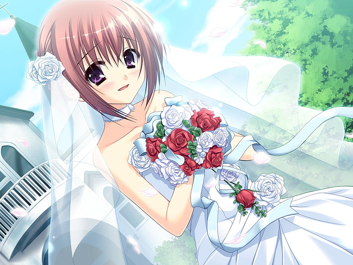 HD wallpaper: girl anime poster, pink hair, flower, bouquet, wedding dress  | Wallpaper Flare
