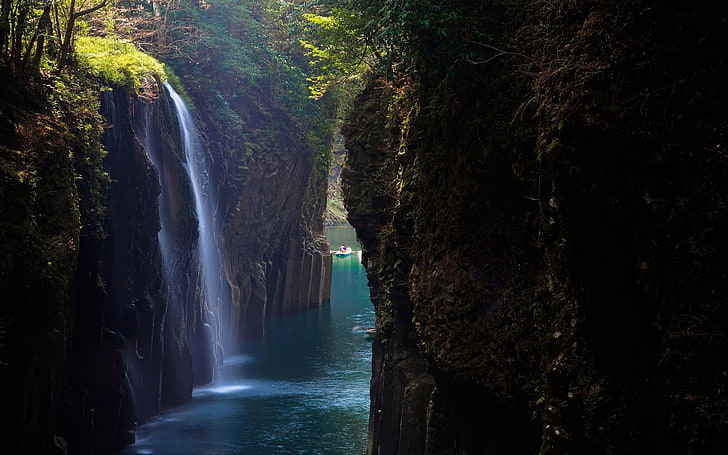 waterfalls, landscape, canyon, nature, Japan, shrubs, boat, blue