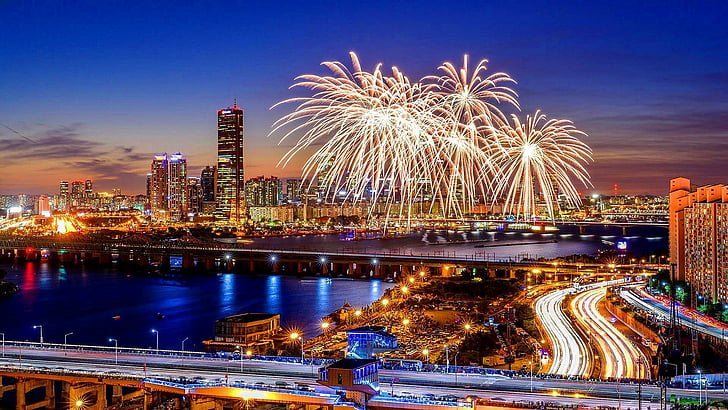 fireworks, festival, city, city lights, cityscape, life, metropolis, HD wallpaper