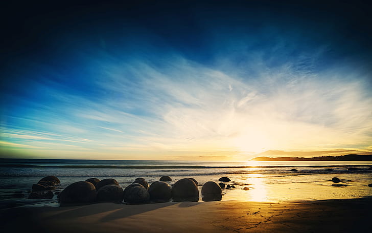 Coast nature landscape, sea, beach, rocks, sunset, sky, clouds, sunset on  the beach, HD wallpaper