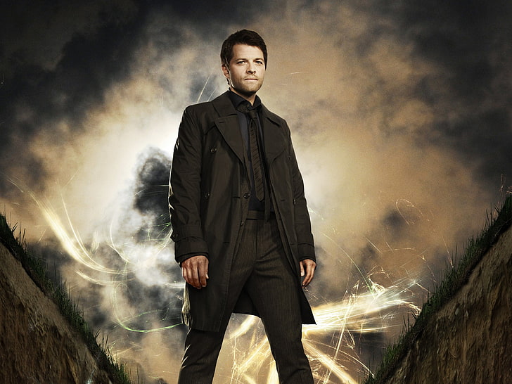 men's black formal caot, Angel, Supernatural, Castiel, Misha Collins, HD wallpaper