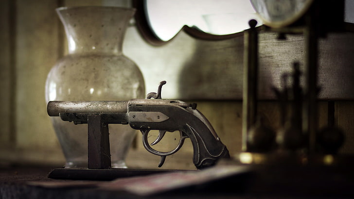 weapon, gun, no people, indoors, table, wood - material, close-up, HD wallpaper