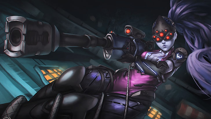 black and purple paintball gun, video games, Overwatch, Widowmaker (Overwatch), HD wallpaper