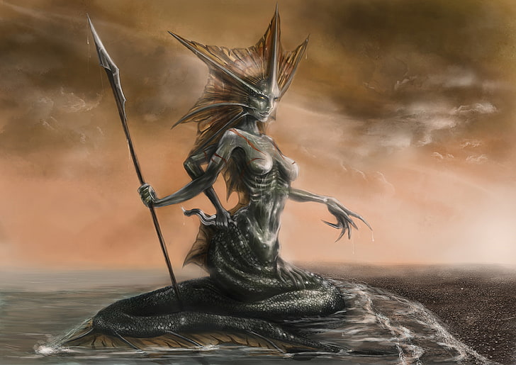 DOTA 2 Naga Siren digital wallpaper, sea, art, tail, spear, statue