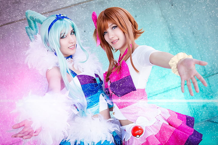 two women's multicolored costumes, cosplay, Asian, fake iris, HD wallpaper