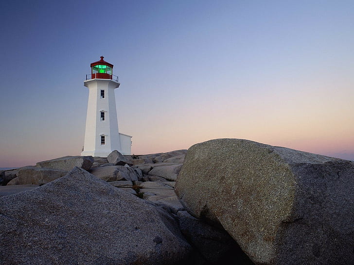 lighthouse, rocks, outdoors, dusk