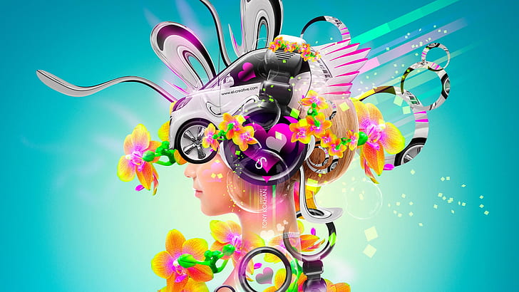 Neon abstract style, woman wearing hatchback helmet illustration, HD wallpaper