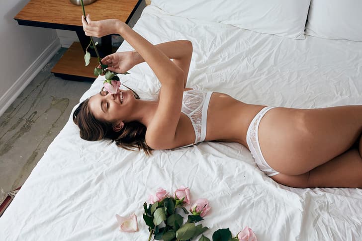 Carmella Rose, women, model, in bed, women indoors, white panties