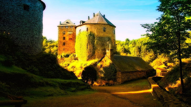 brown concrete house, medieval, castle, sunset, nature, forest, HD wallpaper