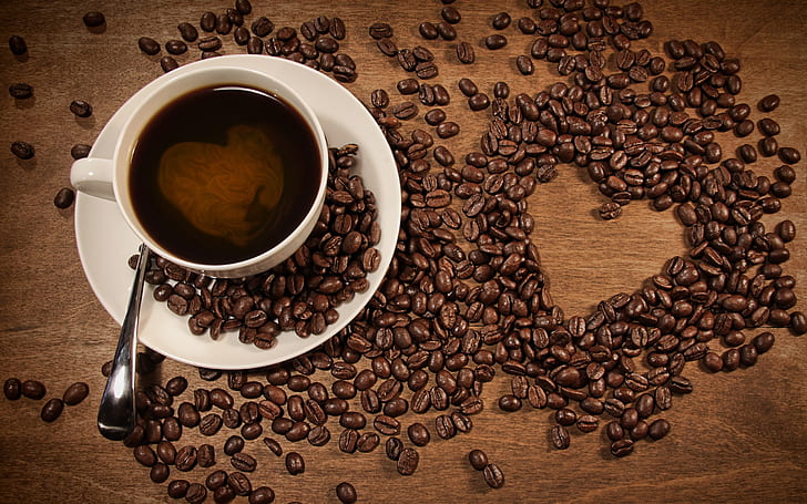 A cup of coffee, coffee beans placed heart-shaped pattern, brown coffee beans, HD wallpaper
