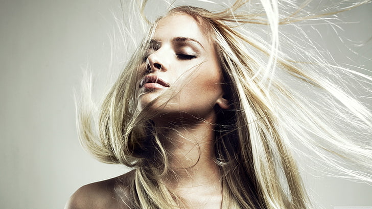 blonde, hair in face, closed eyes, long hair, simple background, HD wallpaper