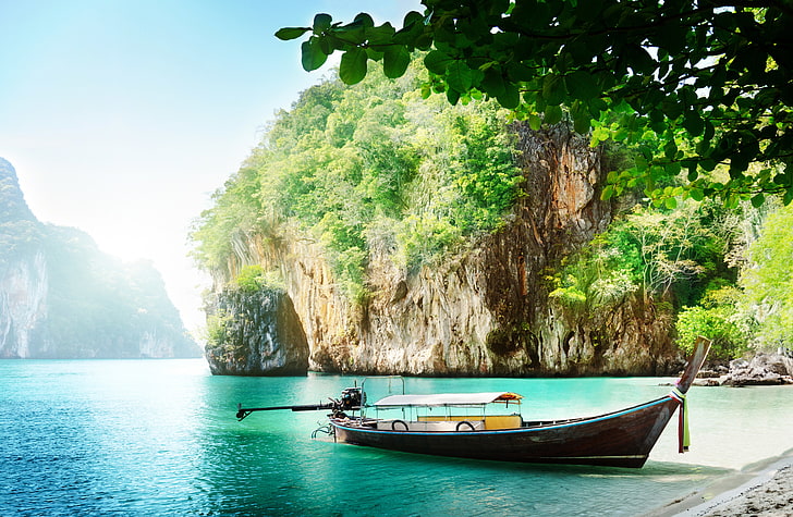 brown and blue clinker boat, landscape, beach, tropical, nautical vessel, HD wallpaper
