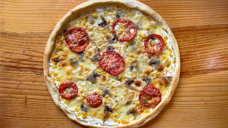 pizza, food, tomatoes, wooden surface, cheese