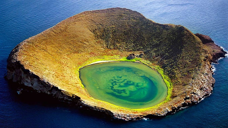 nature, landscape, volcano, crater, lake, island, Ecuador, sea