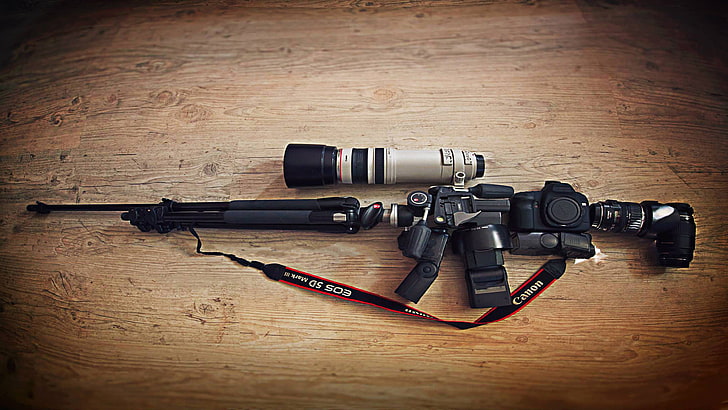 black DSLR camera and gray camera lens, Canon, weapon, rifles