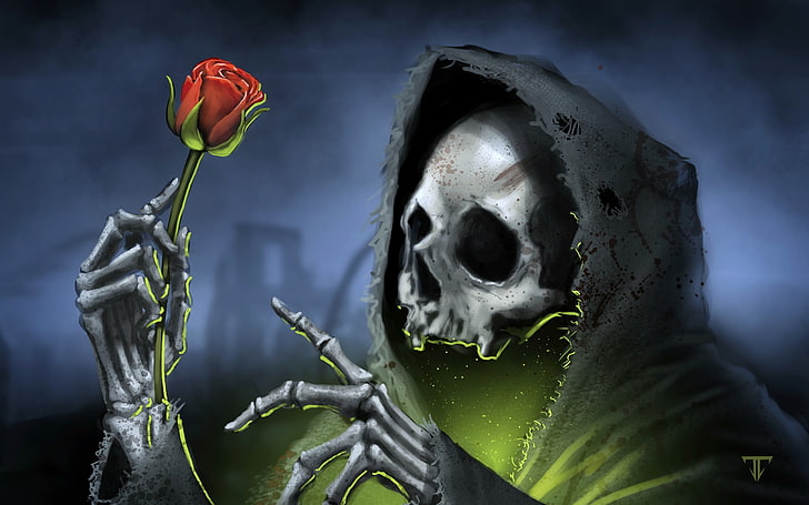grim holding rose flower digital wallpaper, dark, death, skull, HD wallpaper