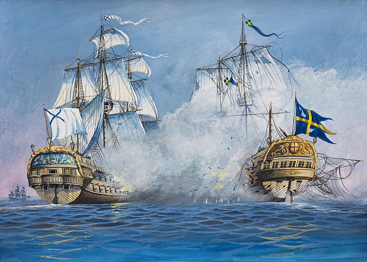 brown and white battle ships on sea painting, wave, oil, explosions