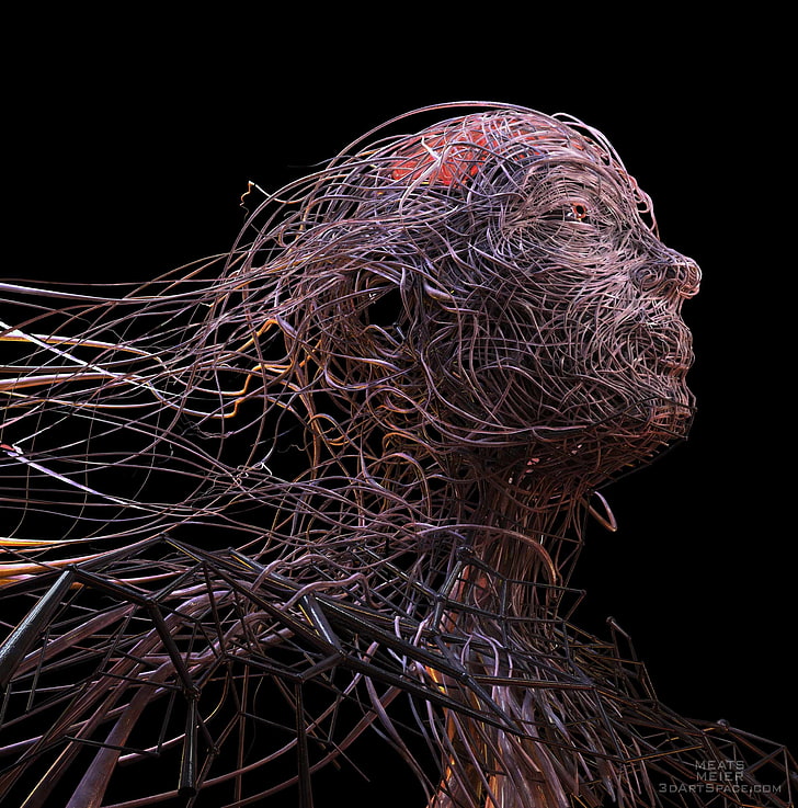 abstract wallpaper, digital art, face, wire, black background