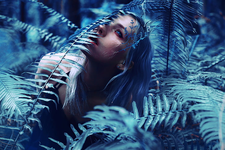 blue, plants, blue hair, face, women, one person, nature, portrait