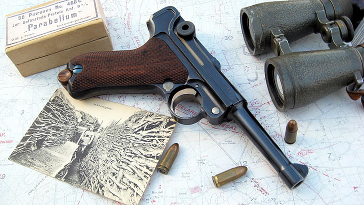 gun, pistol, Luger P08, World War I, still life, indoors, weapon
