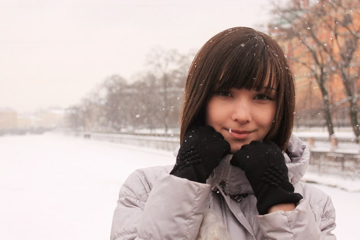 Katya Lischina, snow, snowdrops, looking at viewer, smiling