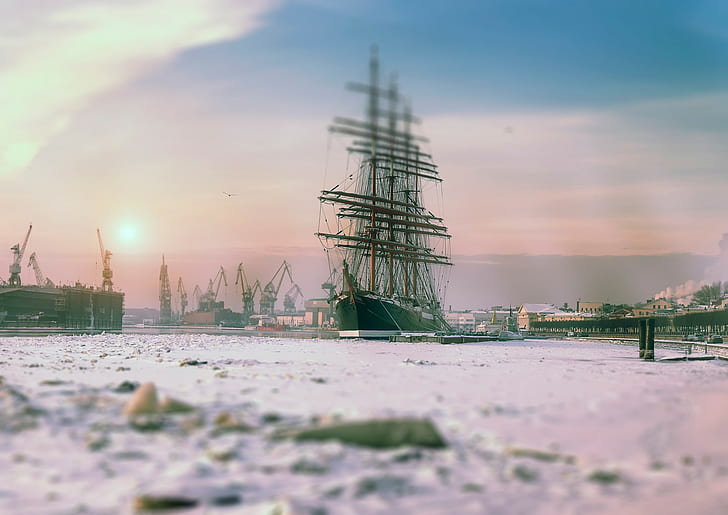 St. Petersburg, city, ship, winter, ice, HD wallpaper