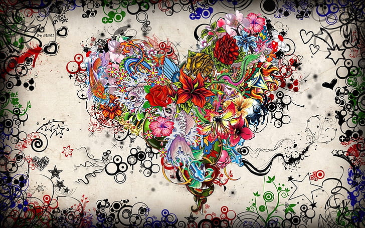 Flowers Heart, red, white, yellow, green, blue heart arwork, love, HD wallpaper