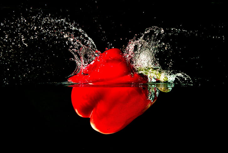 time lapse photo of red bell pepper sinking on water, splash, HD wallpaper