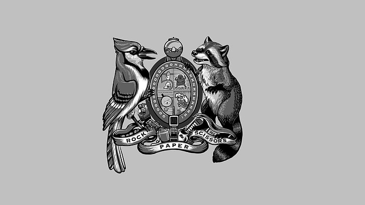 gray bird and gray racoon logo, crest, Regular Show, animal themes