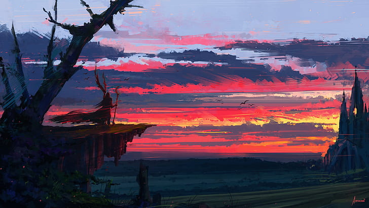 fantasy, twilight, sky, landscape, sunset, clouds, painting