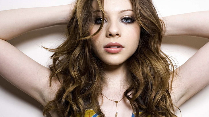 Michelle Trachtenberg, curly hair, gray eyes, women, arms up, HD wallpaper