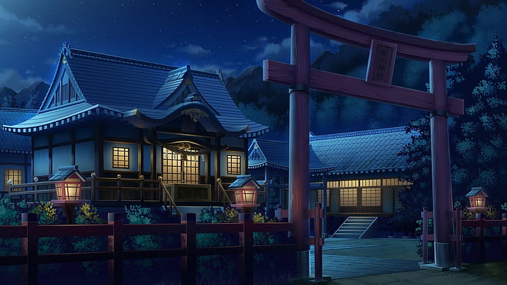 night, artwork, lantern, lights, anime, Asian architecture