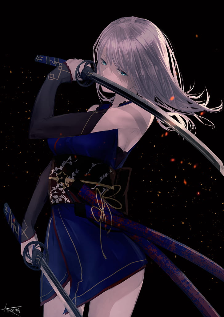 Anime girl sword cloak silhouette Royalty Free Vector Image