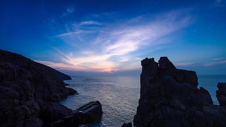 sea, horizon, rocks, cliff, blue, water, sky, beauty in nature, HD wallpaper
