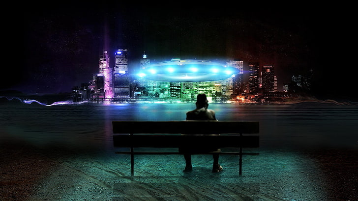 wooden outdoor bench, landscape, UFO, cityscape, digital art, HD wallpaper
