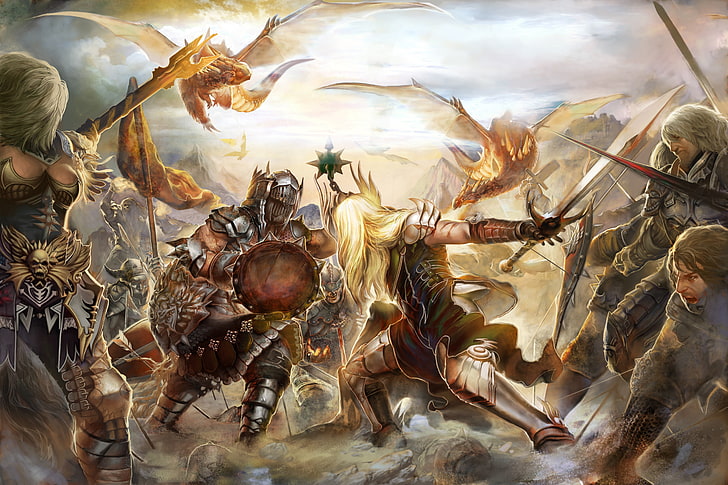 battle of warriors and dragons painting, weapons, armor, swords, HD wallpaper