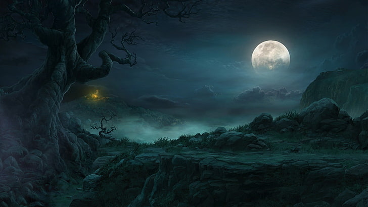 gray bared tree and full moon digital wallpaper, untitled, Diablo III