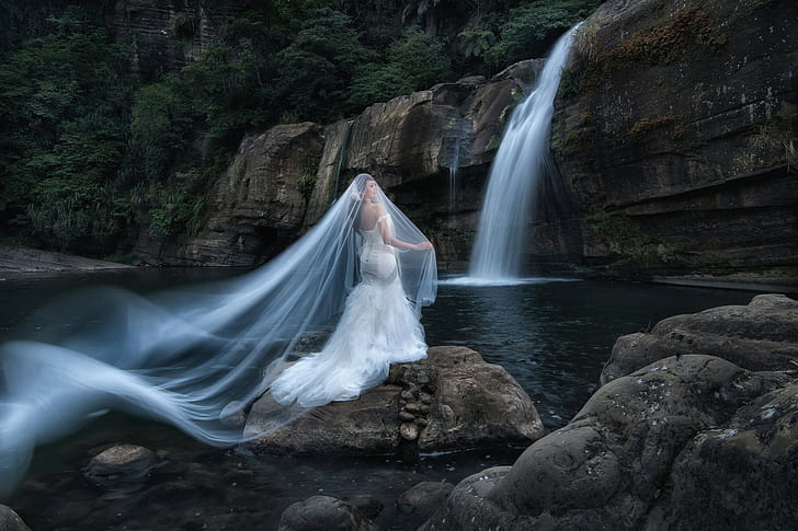brides, waterfall, women outdoors, HD wallpaper