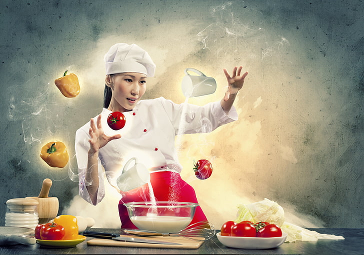 women's red apron, girl, creative, milk, cook, vegetables, tomatoes