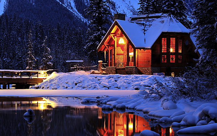 Winter, Cozy mountain lodge, Emerald Lake, Yoho National Park, Canada, HD wallpaper
