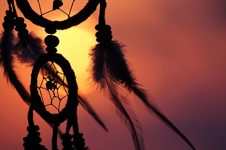 dreamcatchers, silhouette, symbols, feathers, sunset, no people